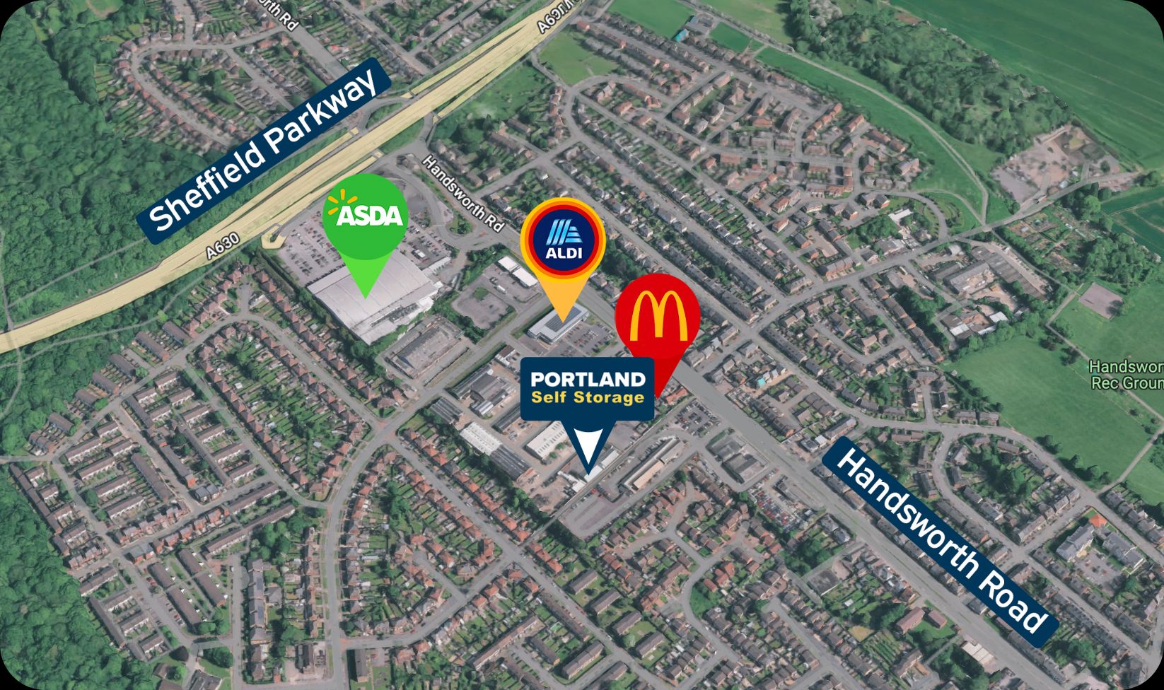 Aerial map showcasing a neighborhood with roads labeled Sheffield Parkway and Handsworth Road. Key highlights include ASDA, ALDI, McDonalds, and Portland Self Storage. The surroundings boast houses nestled amidst lush greenery.