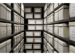 A narrow archive room filled with rows of beige document storage boxes neatly arranged on black metal shelves, labeled and organized for record-keeping.