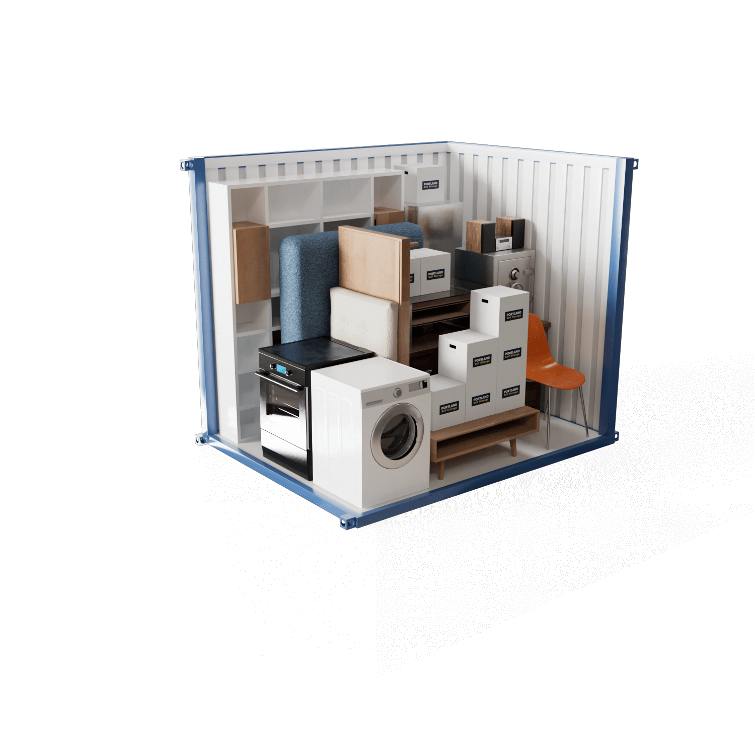 Spacious storage unit filled with various household items including orange chairs, a washing machine, furniture pieces, green office chairs, boxes, and green bottles. Items are neatly organized inside a blue and white container.