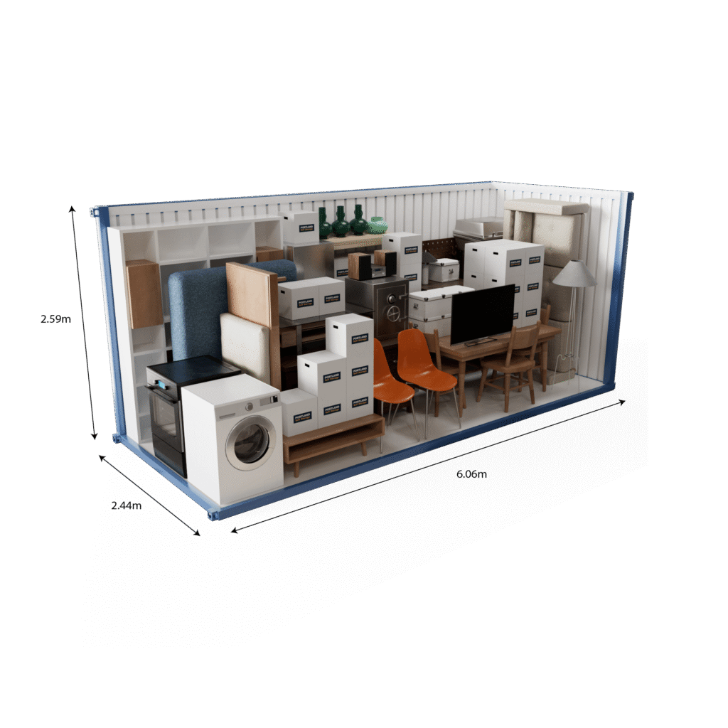 Illustration showing the container dimensions 20ft with examples of items that can fit inside.