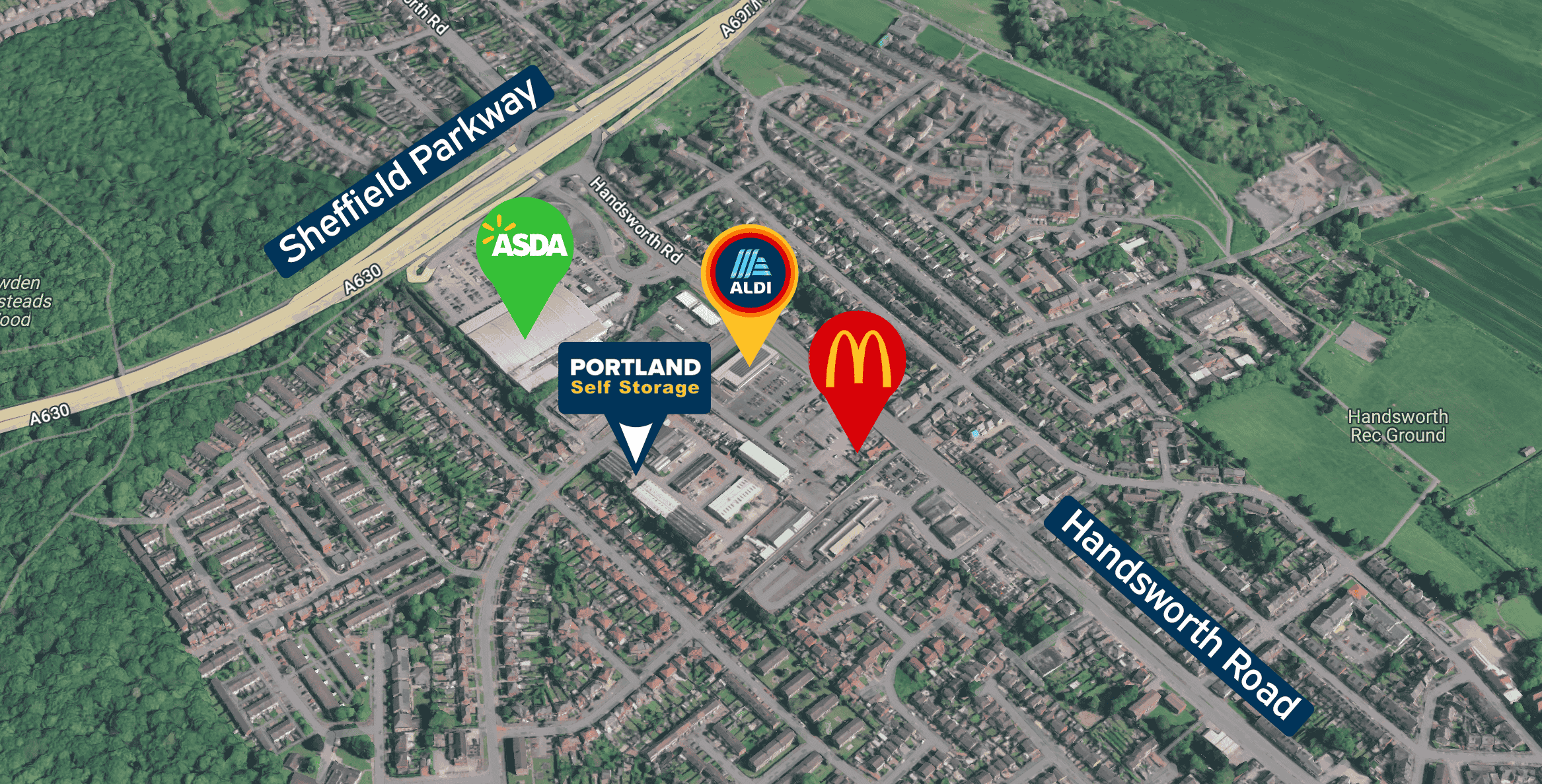Aerial view of a neighborhood with key locations such as ASDA, ALDI, McDonalds, and Portland Self Storage. Streets like Sheffield Parkway and Handsworth Road intersect nearby, enveloped by residential areas and lush greenery.