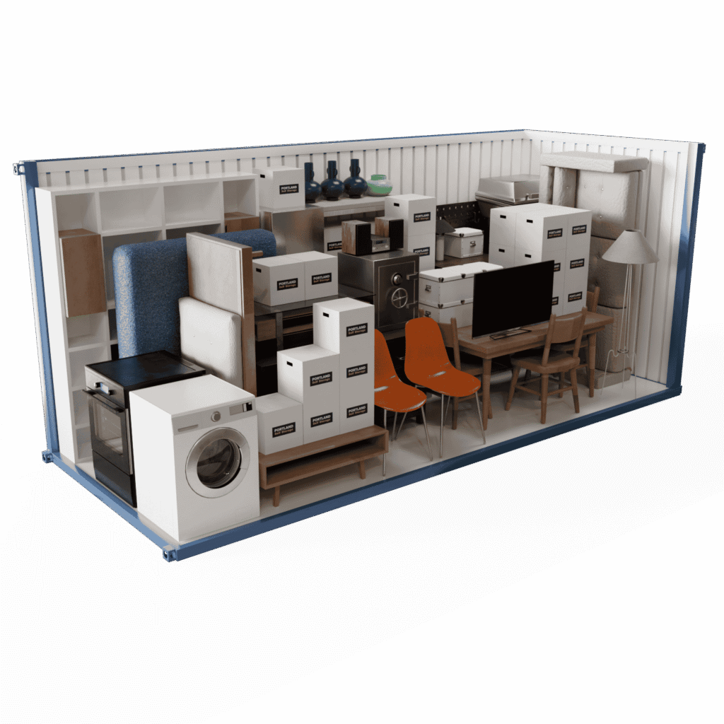 Spacious storage unit filled with various household items including orange chairs, a washing machine, furniture pieces, green office chairs, boxes, and green bottles. Items are neatly organized inside a blue and white container.