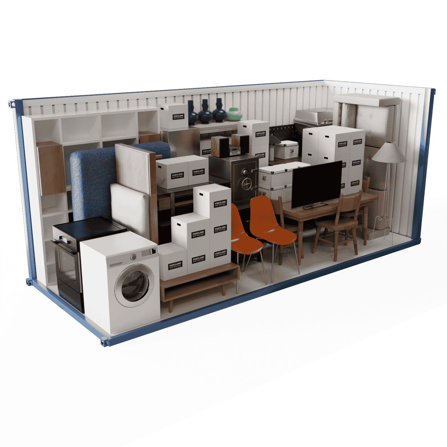 Spacious storage unit filled with various household items including orange chairs, a washing machine, furniture pieces, green office chairs, boxes, and green bottles. Items are neatly organized inside a blue and white container.
