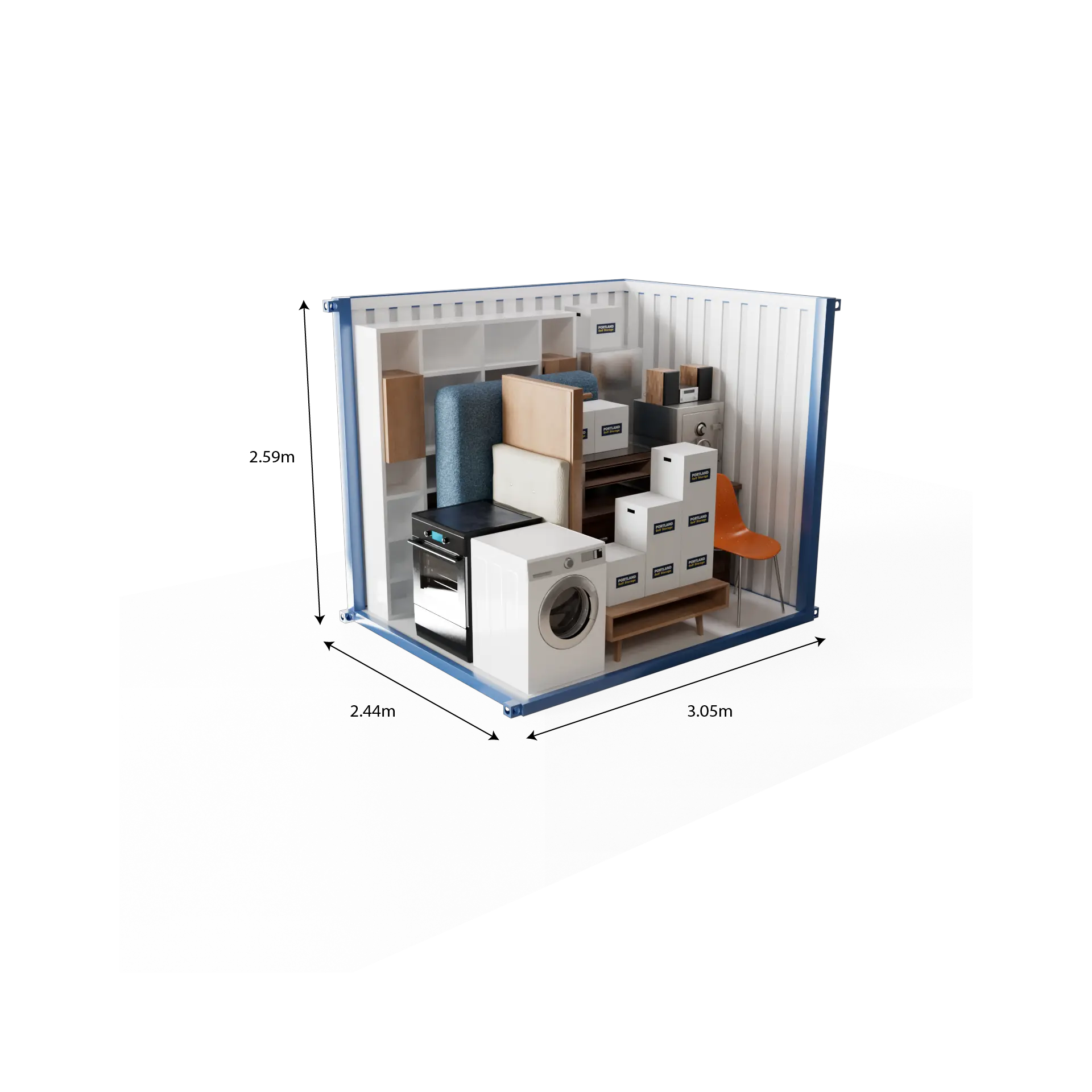 Illustration showing the dimensions of a small container 10ft with examples of items that can fit inside.