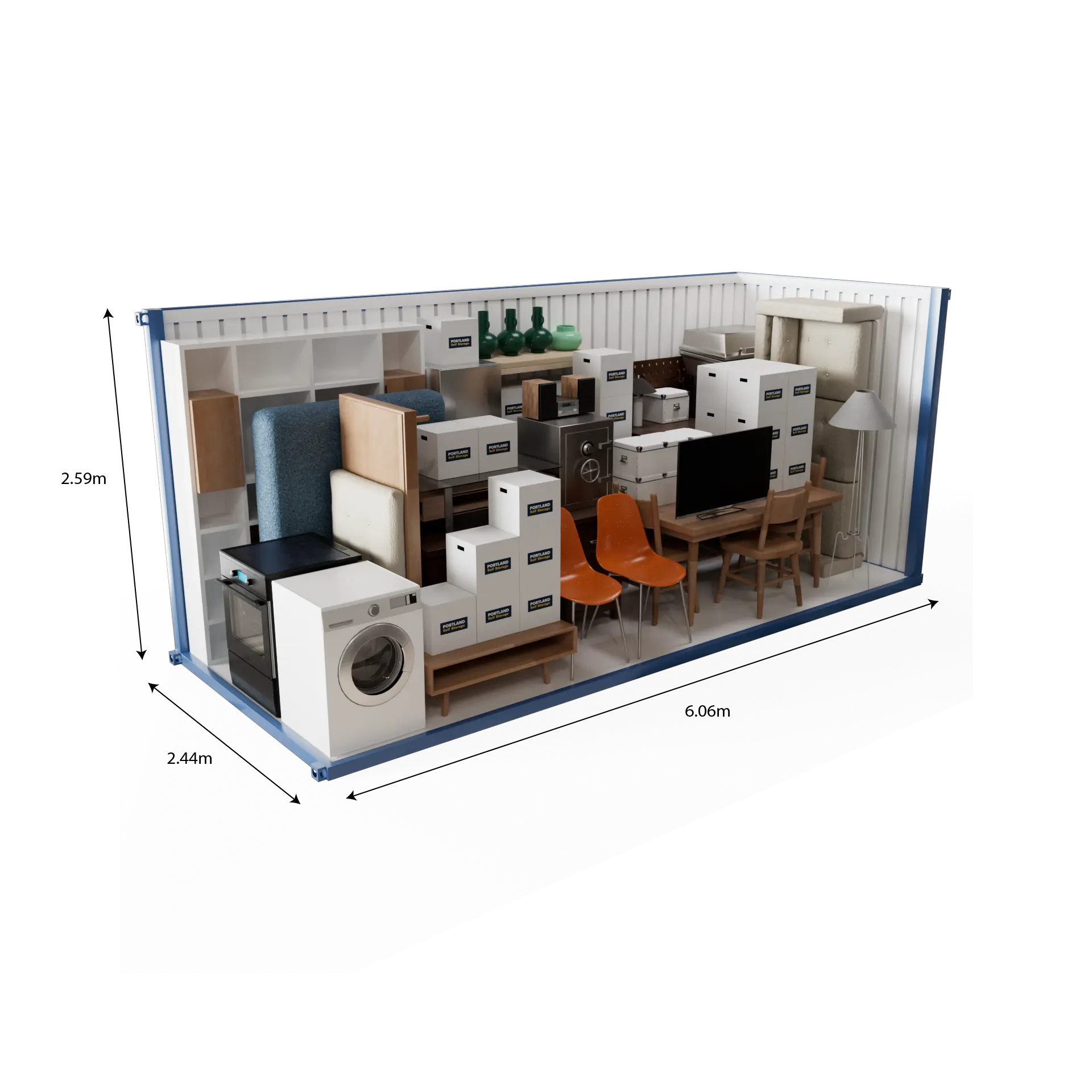 Illustration showing the container dimensions 20ft with examples of items that can fit inside.