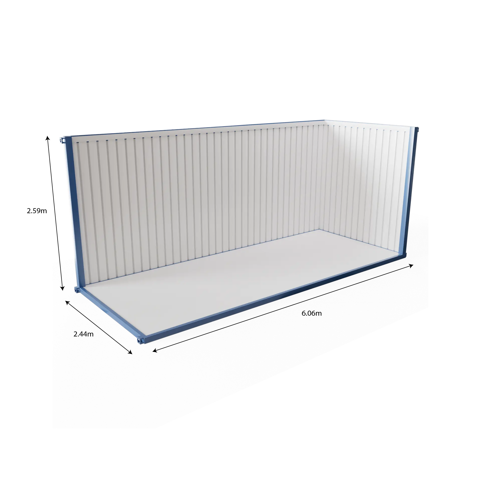 Visual representation of container dimensions 20ft, including length, width, and height.