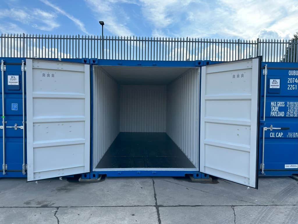 A blue shipping container with opened doors in Sheffield