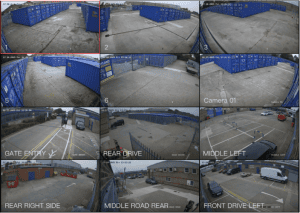 A grid of twelve security camera screenshots showing various outdoor locations at portland self storage