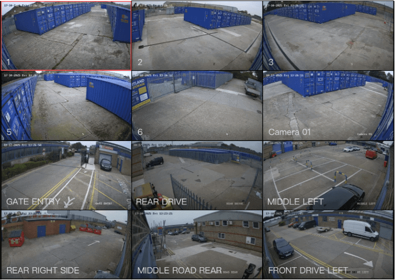 A grid of twelve security camera screenshots showing various outdoor locations at portland self storage